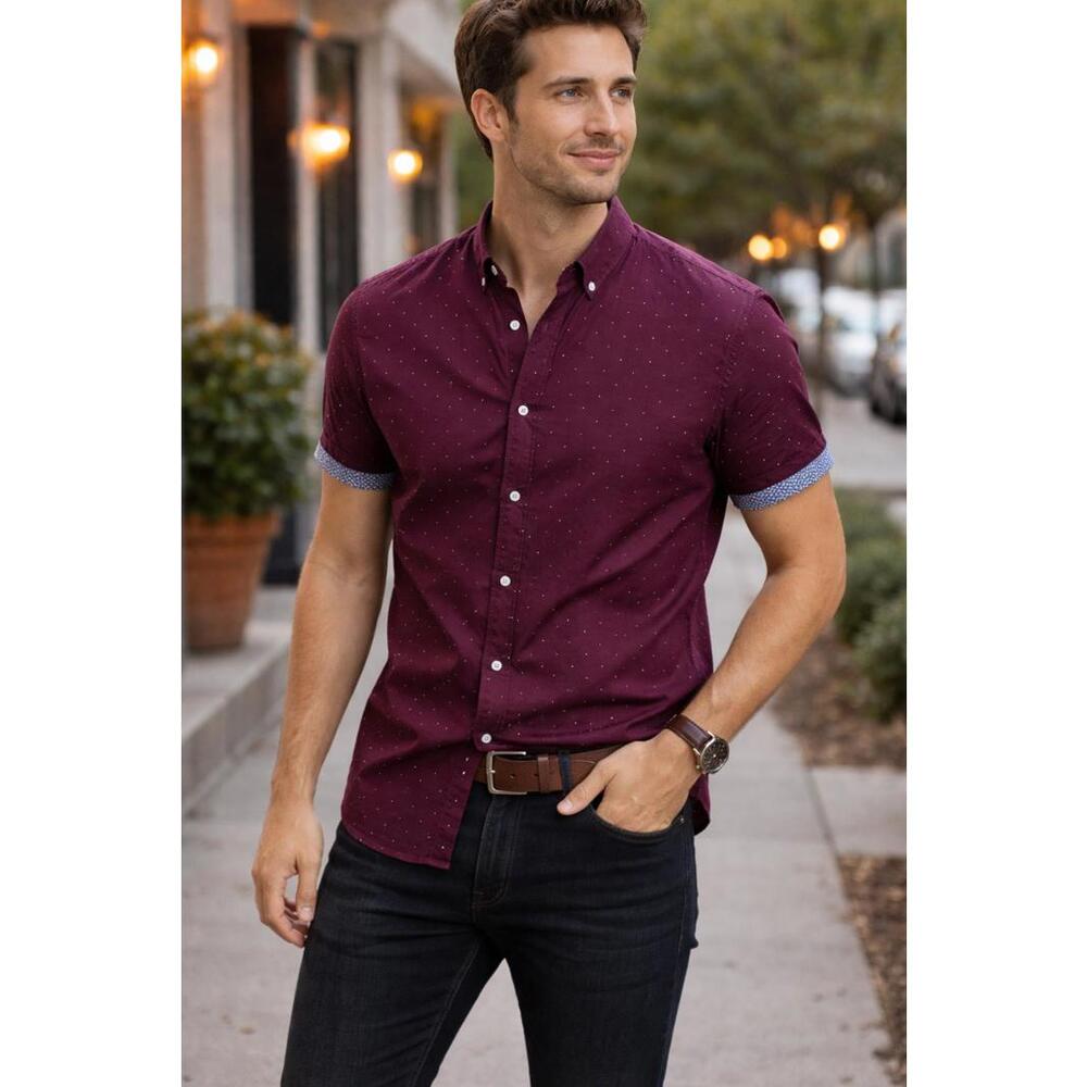 Denim & Flower Men's Short Sleeve Button-Up Shirt - Burgundy with Polka Dot Lint